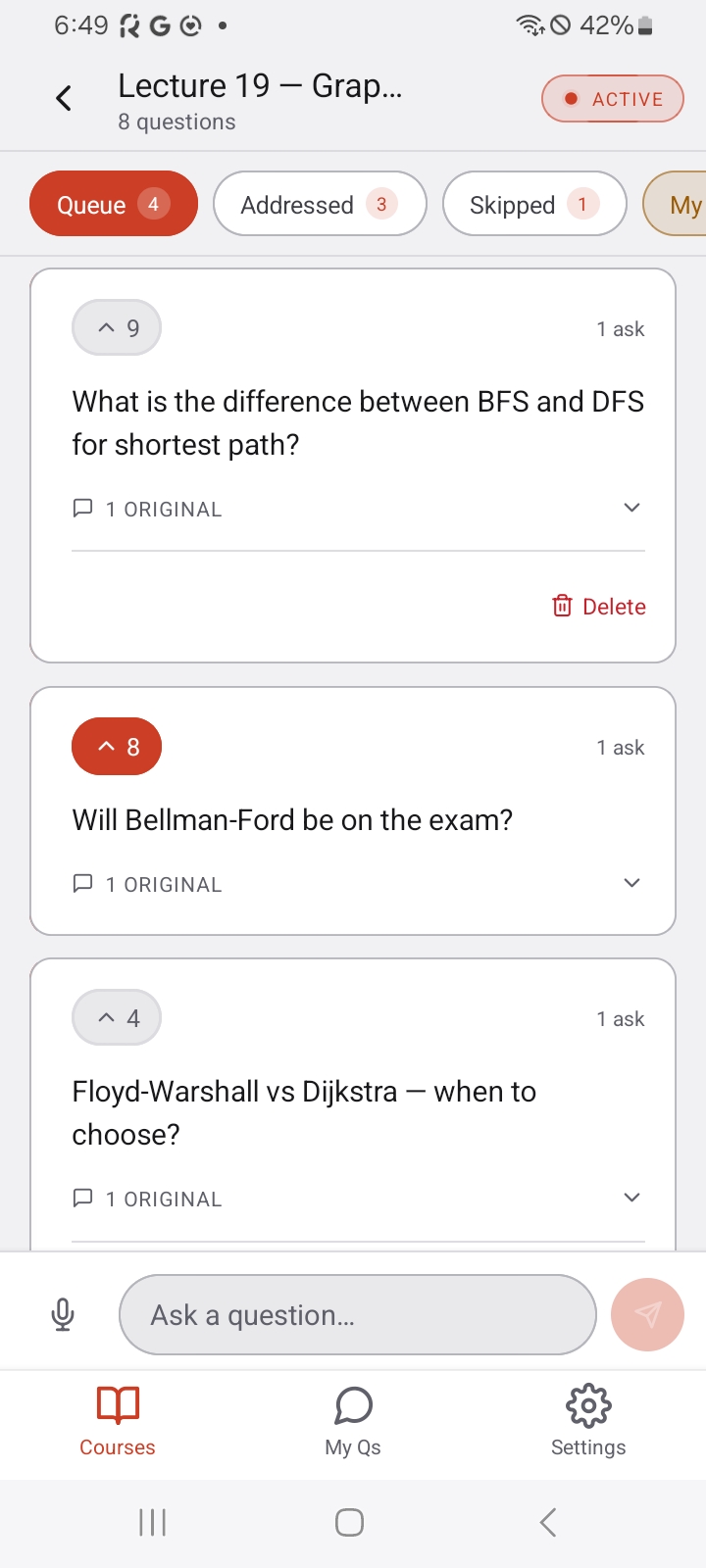 ClassQ student view — a live session with AI-clustered questions and upvotes
